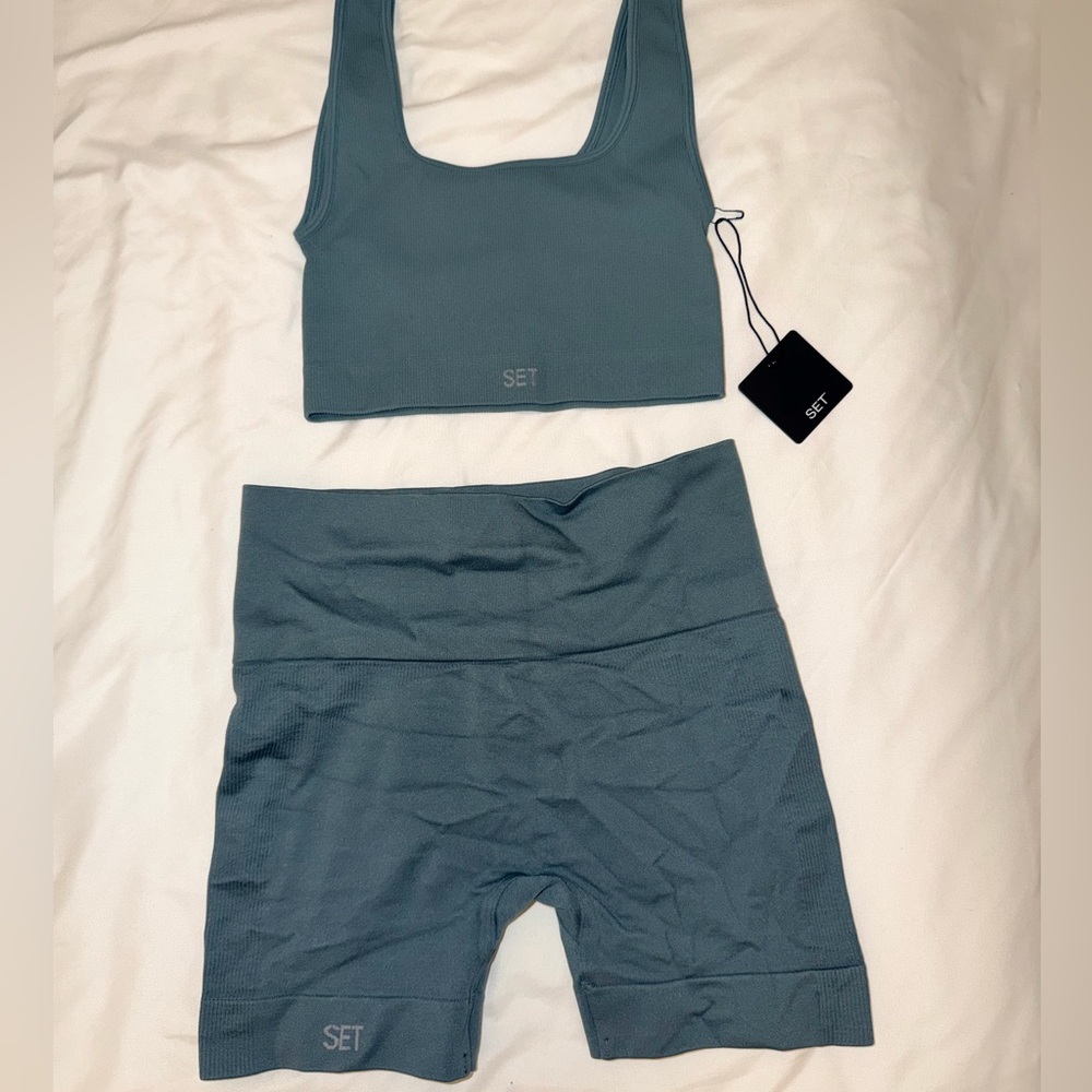 SET Active Teal Seamless Scoop Sports Bra and High-Waist Shorts